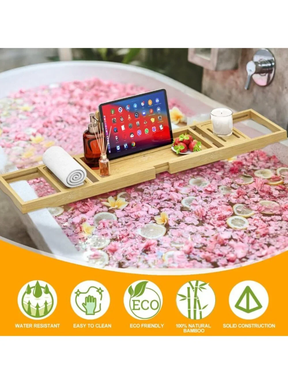Expandable Bamboo Bathtub Tray - Adjustable Wooden Bath Table for Relaxation